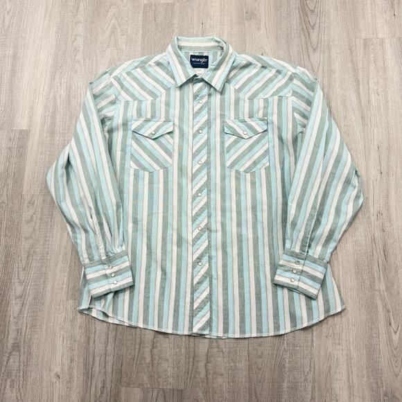 Vintage Wrangler Western Snap Button Shirt Men's 2XL Teal Striped 90s Cowboy - Picture 1 of 7